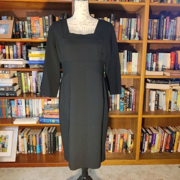 AGNONA black wool crepe square neck midi dress made in Italy euc - Picture 7 of 9